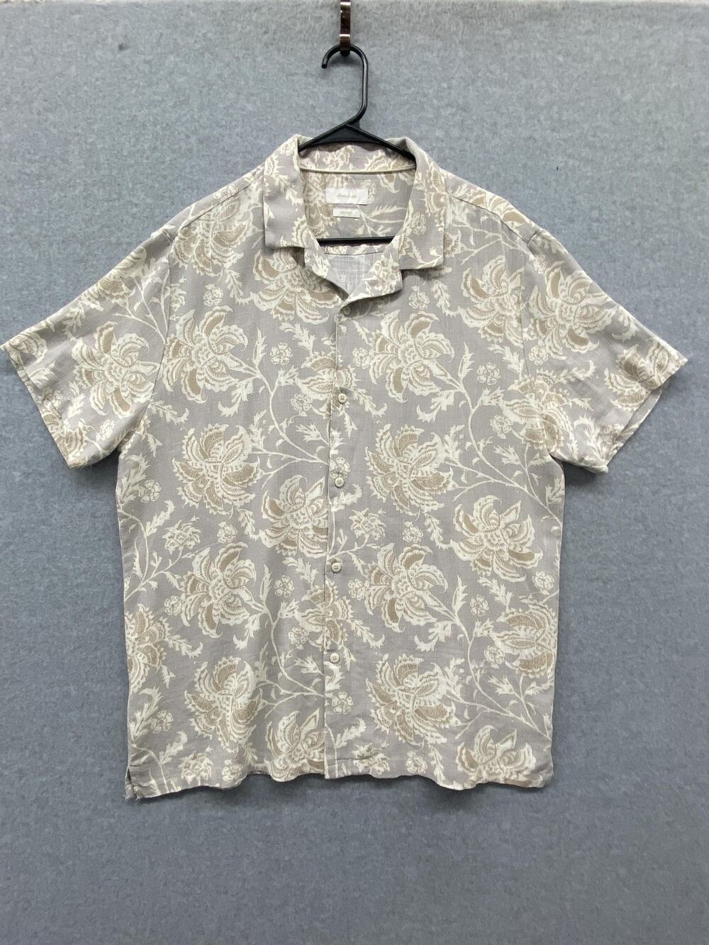 Porter & Ash Shirt Mens XL Beige White Linen Blend Floral Button Up Casual